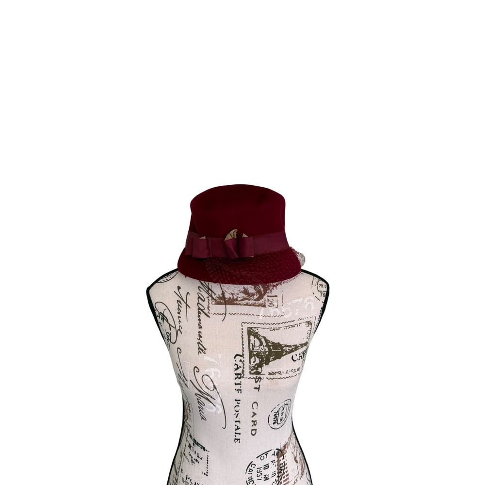 Glenover Cloche Hat Women One Size Burgundy Wool 1940s 50s Vintage Veil Bow